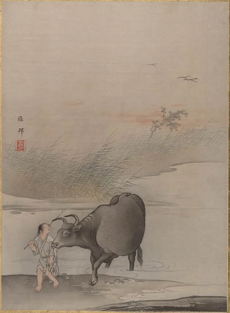 Boy With Cow At The Rivers Edge Wall Art by Hashimoto Gahō - High-Resolution Digital Print