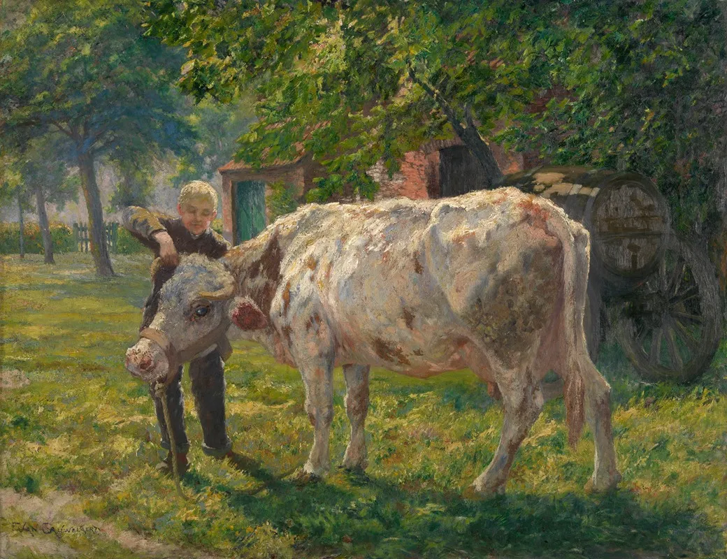 Boy With Cow In An Orchard Wall Art by Jean Emile Van Cauwelaert - High-Resolution Digital Print