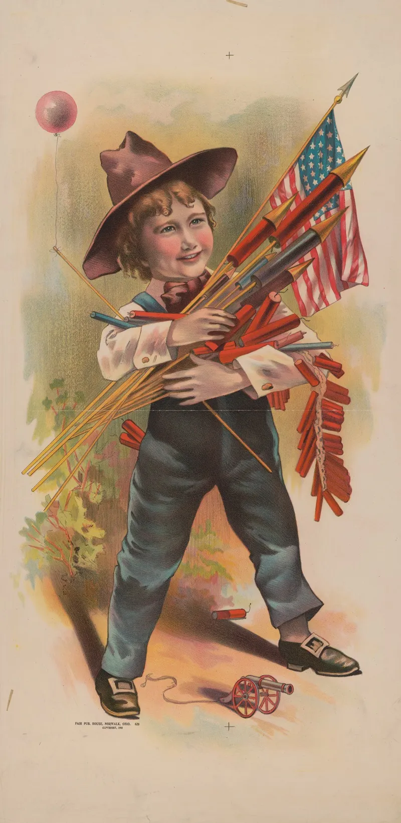Boy With Fireworks Balloon And Toy Cannon