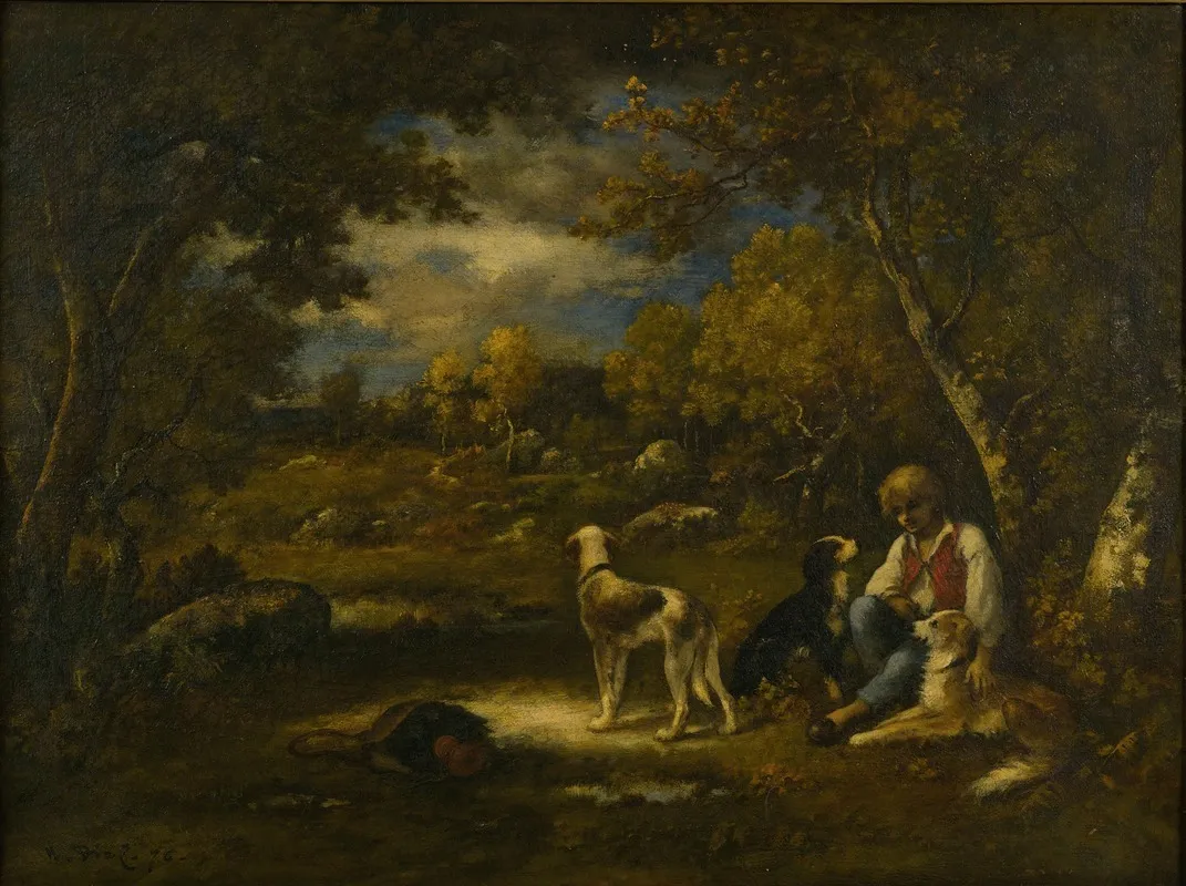 Boy With His Dogs In A Wood