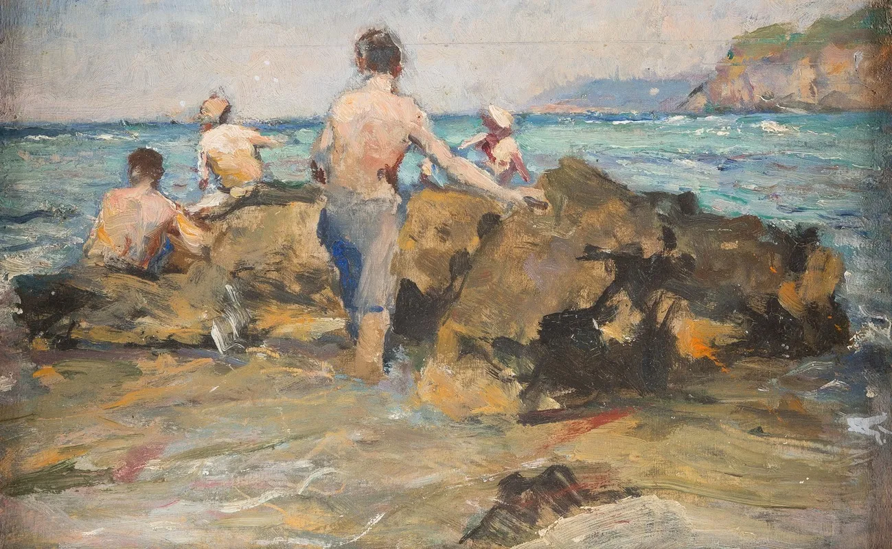 Boys At A Rocky Beach Wall Art by Alphons Hollaender - High-Resolution Digital Print