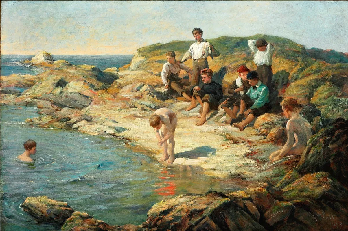 Boys Swimming At A Rocky Coast Wall Art by William Pratt - High-Resolution Digital Print