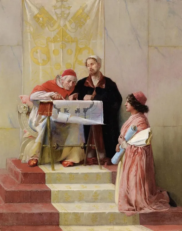 Bramante Presentant Les Plans De Saint Pierre Du Vatican Au Pape Wall Art by Edwin Howland Blashfield - High-Resolution Digital Print