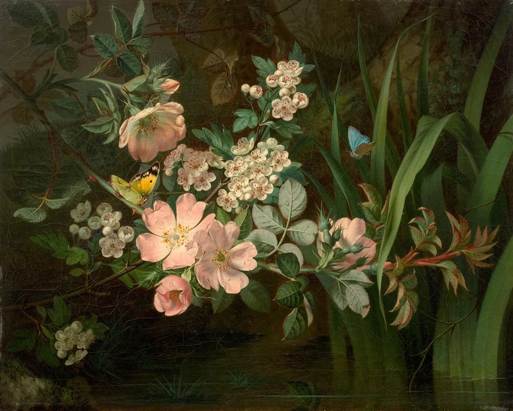 Branchage Daubepine De Rosier Et Vol De Papillons Dans Des Roseaux Wall Art by Jean-Baptiste Gallet - High-Resolution Digital Print