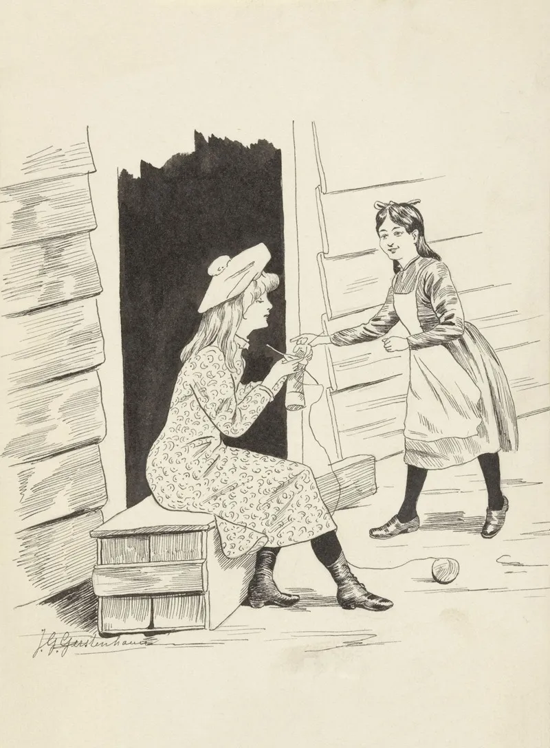 Breiend Meisje En Een Dienstmeid Bij Een Open Deur Wall Art by Johan Georg Gerstenhauer Zimmerman - High-Resolution Digital Print