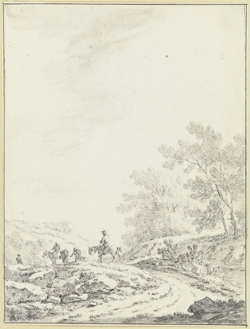 Breiter Weg Mit Ausblick In Eine Offene Landschaft Rechts Buschwerk Links Auf Dem Weg Zwei Reiter Und Drei Fusganger Wall Art by Johann Christoph Dietzsch - High-Resolution Digital Print