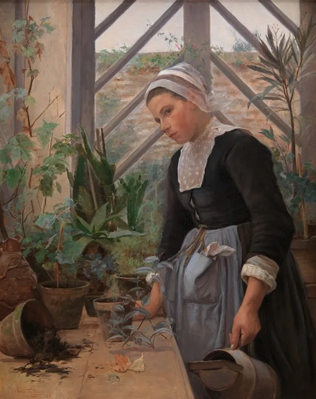 Breton Girl Looking After Plants In The Hothouse Wall Art by Anna Petersen - High-Resolution Digital Print