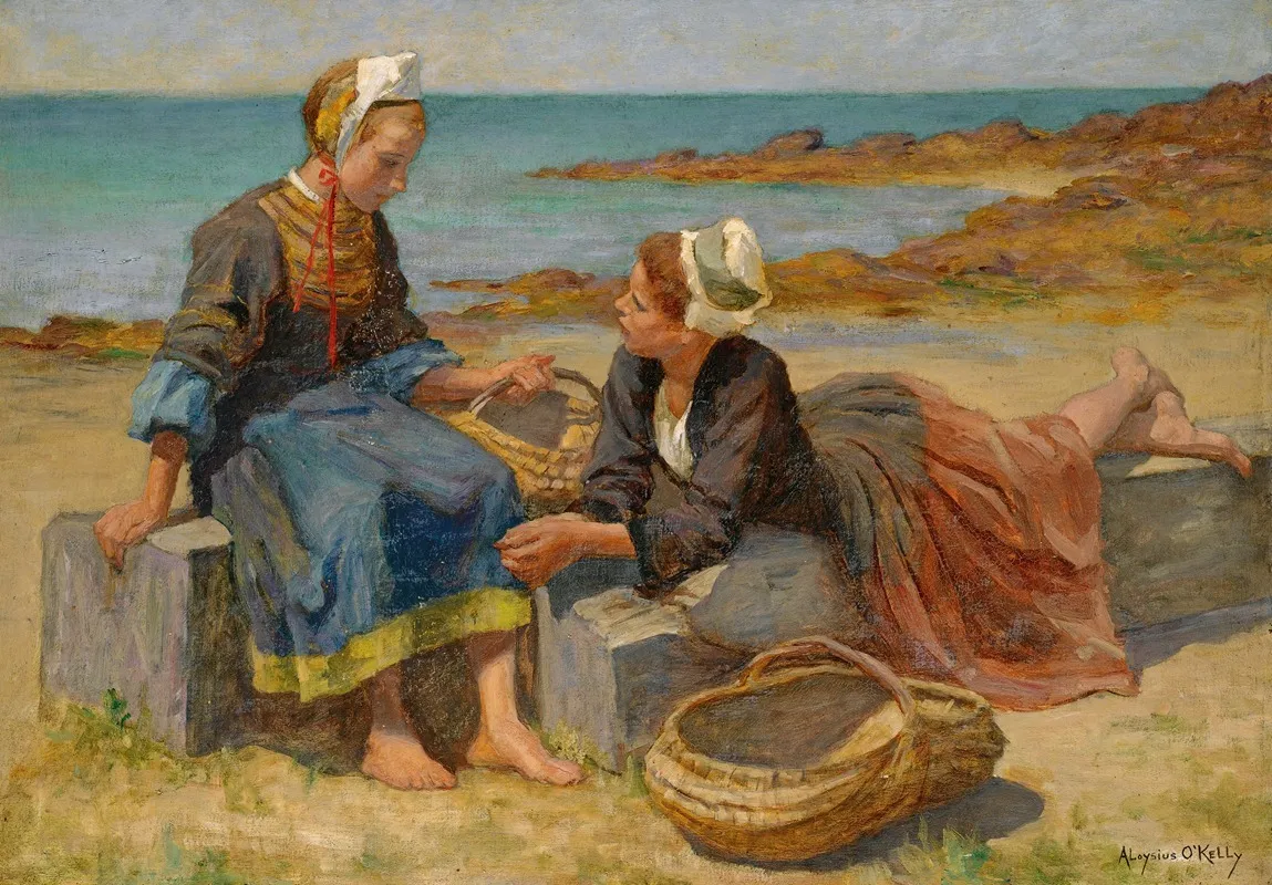 Breton Girls On A Beach Wall Art by Aloysius O'Kelly - High-Resolution Digital Print