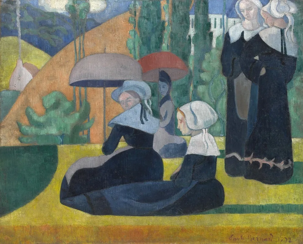 Breton Women With Umbrellas Wall Art by Emile Bernard - High-Resolution Digital Print