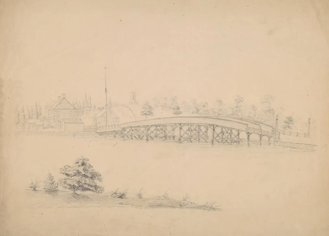 Bridge With Wooden Truss With Houses And A Mill On The Far Side Of The Water Perhaps Related To Ipswich Massachusetts