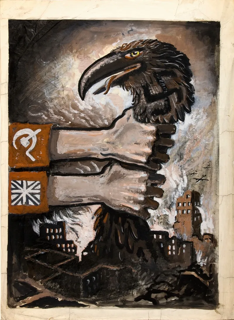 British And Soviet Arms Grasping Neck Of Predatory Bird Arising From The Ruins Of Bombed Town