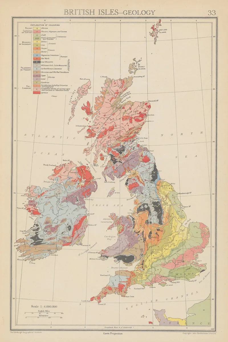 British Isles Geology Wall Art by John George Bartholomew - High-Resolution Digital Print