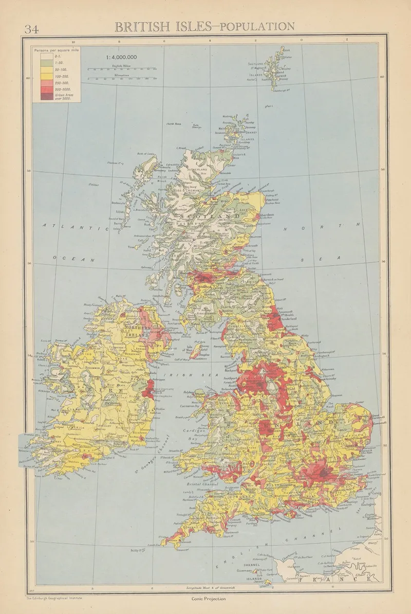 British Isles Population Wall Art by John George Bartholomew - High-Resolution Digital Print