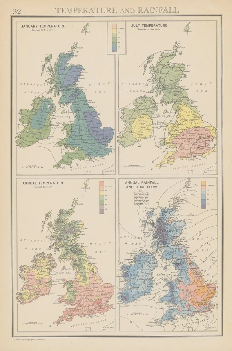 British Isles Temperature Rainfall Wall Art by John George Bartholomew - High-Resolution Digital Print