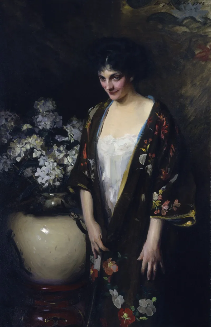 Brown Kimono Portrait Of Kathryn Beta La Forque Wall Art by Irving Ramsay Wiles - High-Resolution Digital Print