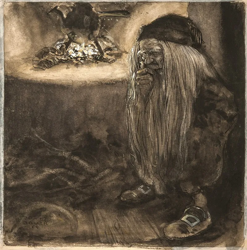 Brownie By A Fireplace Wall Art by John Bauer - High-Resolution Digital Print
