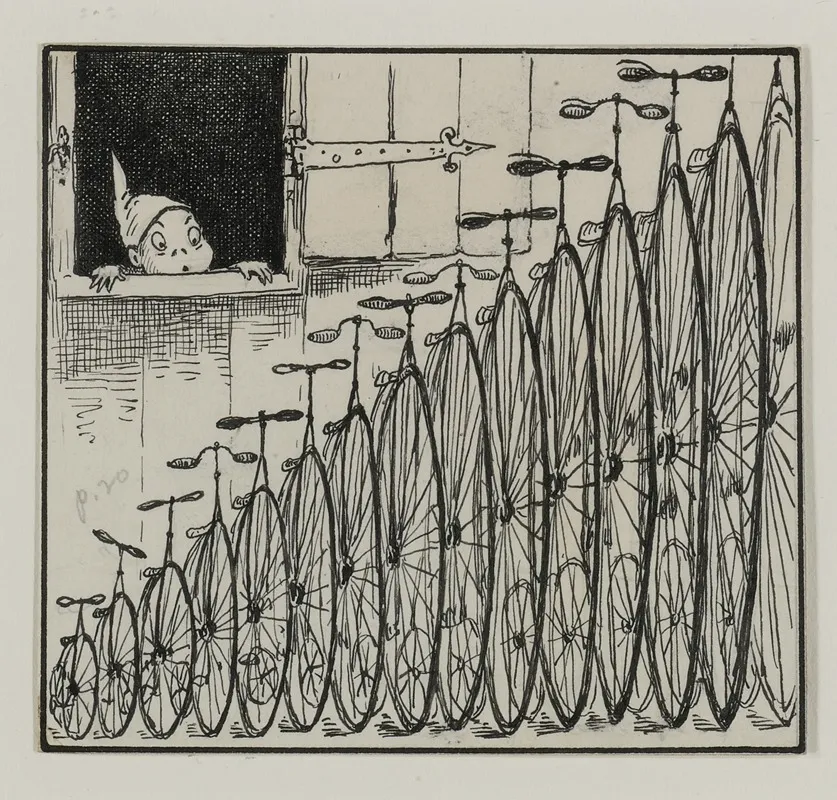 Brownie With Row Of Bicycles Wall Art by Palmer Cox - High-Resolution Digital Print