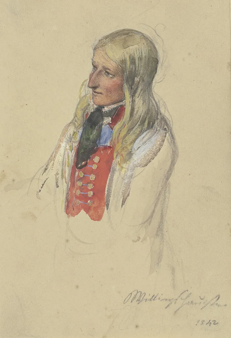 Brustbild Einer Jungen Blonden Bauerin In Roter Weste Und Weisem Rock