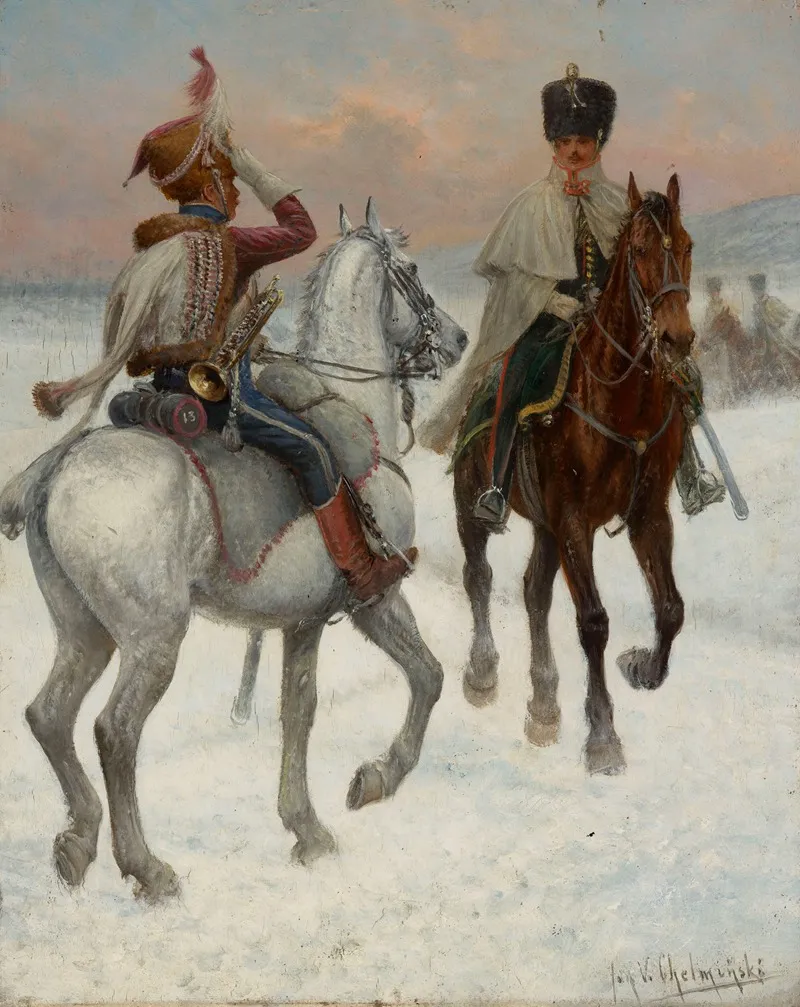 Bugler Of The 13th Hussar Regiment Officer Of The 1st Mounted Rifles Regiment Wall Art by Jan Chełmiński - High-Resolution Digital Print