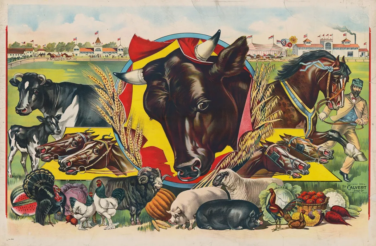 Bull Head In The Center Surrounded By Fair Buildings Horsetrack Farm Animals And Produce Wall Art by Calvert Litho. Co - High-Resolution Digital Print