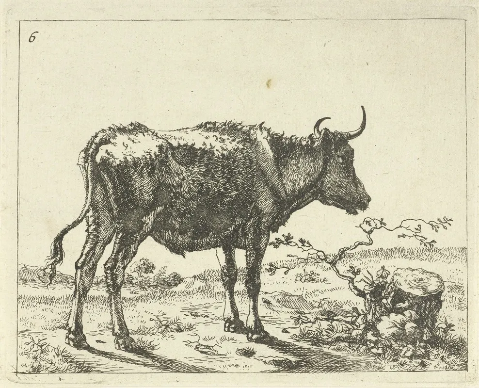 Bull Standing By Tree Stump Wall Art by Marcus de Bye - High-Resolution Digital Print