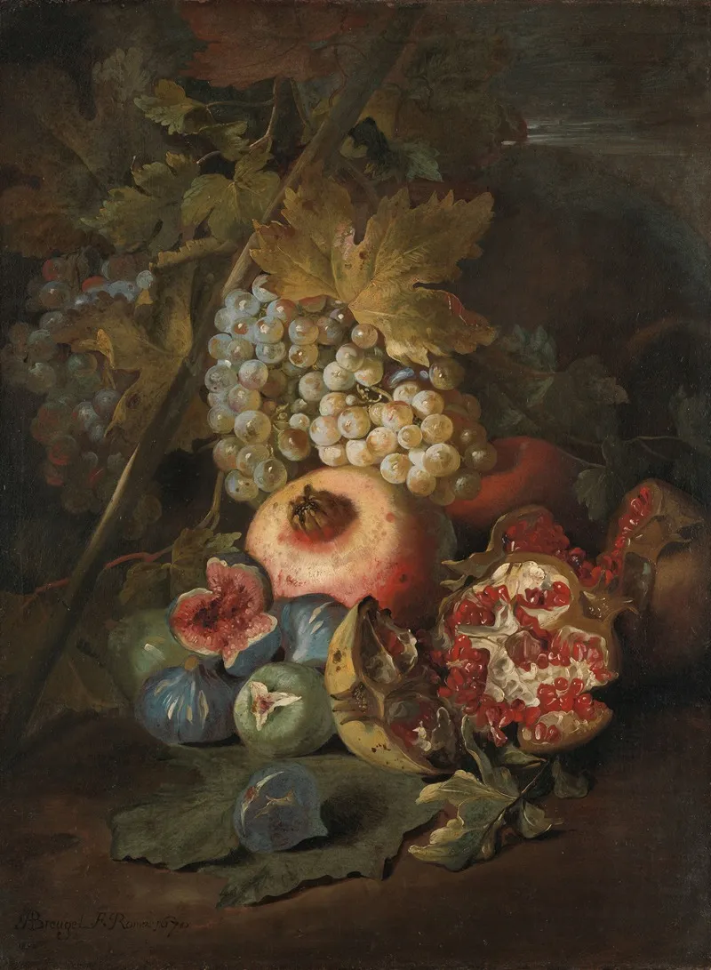 Bunches Of Grapes Pomegranates And Figs In A Landscape Wall Art by Abraham Brueghel - High-Resolution Digital Print