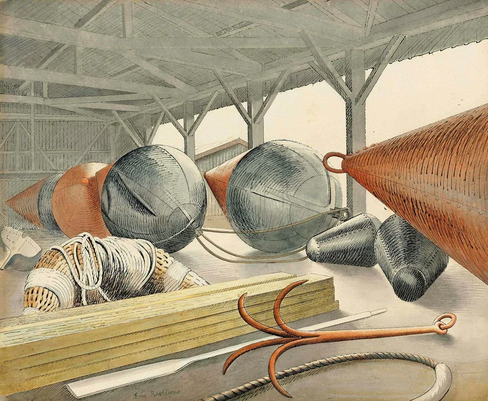 Buoys And Grappling Hook Wall Art by Eric Ravilious - High-Resolution Digital Print