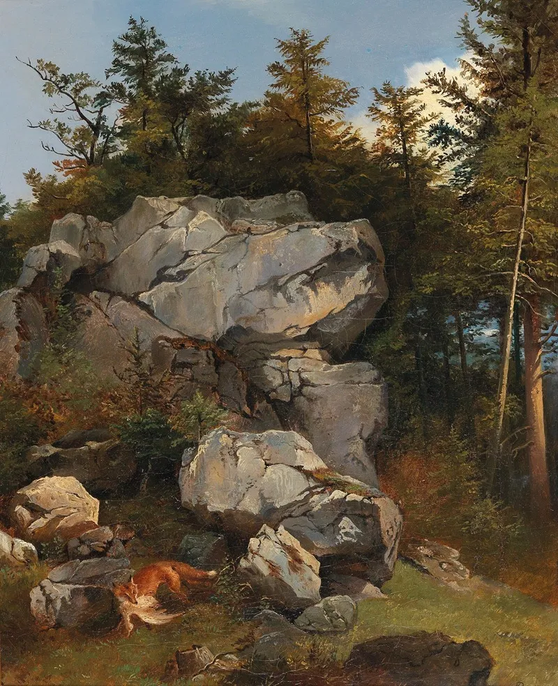 Burde Fuchs Mit Beute In Felsiger Landschaft Wall Art by Carl Borromäus Andreas Ruthart - High-Resolution Digital Print