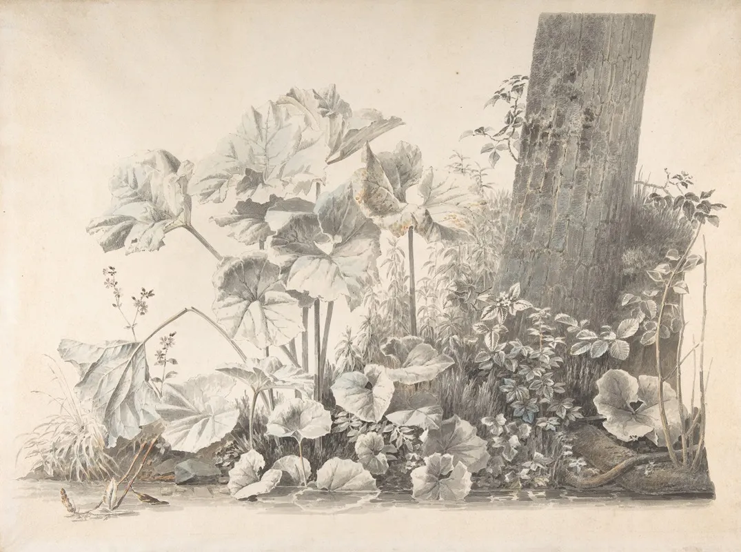 Burdocks Campions And Brambles By A Treetrunk On A River Bank Wall Art by Christoph Heinrich Kniep - High-Resolution Digital Print