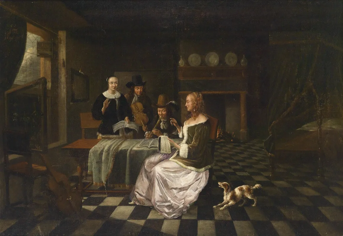Burgerliches Interieur Mit Vier Personen Wall Art by Pieter de Hooch (circle) - High-Resolution Digital Print