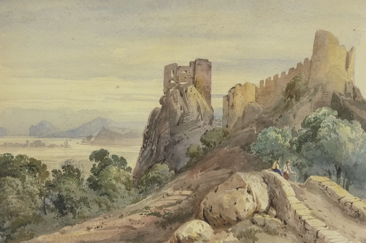 Burgruine Vorn Auf Einer Brucke Zwei Manner Wall Art by Jean-Joseph-Bonaventure Laurens - High-Resolution Digital Print