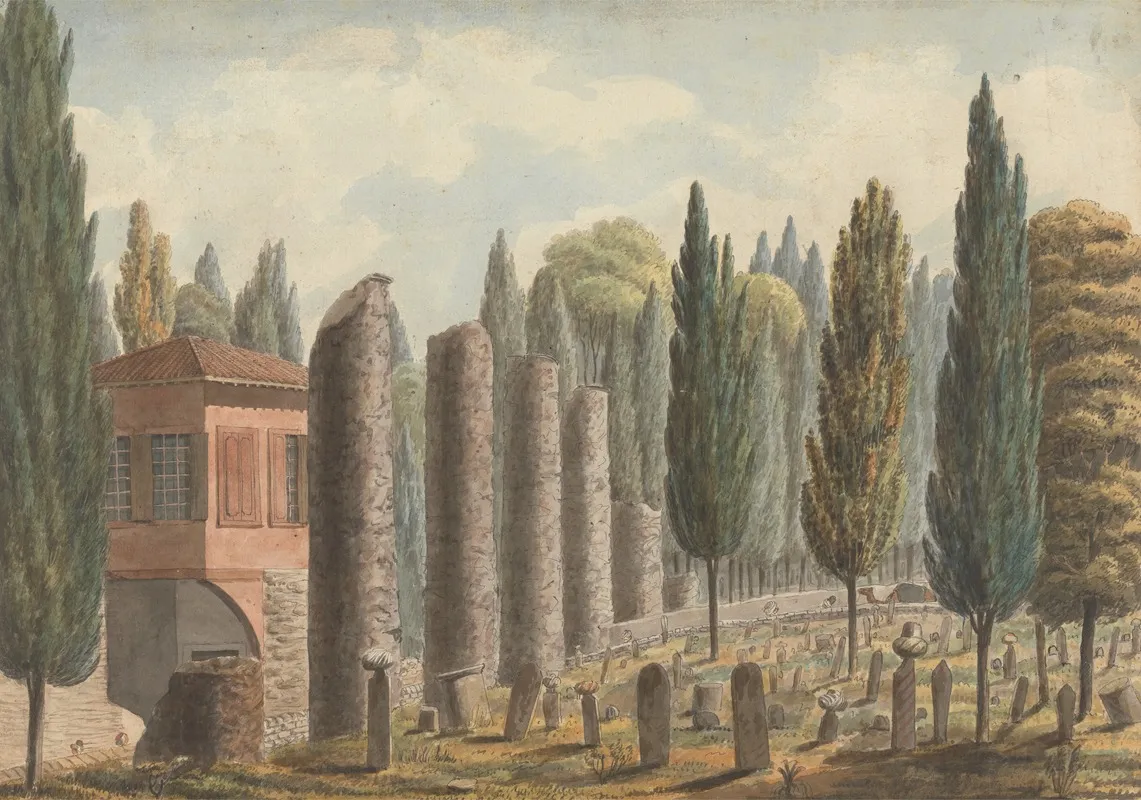 Burial Ground Surrounded By Ruined Columns And Pinetrees Turkey
