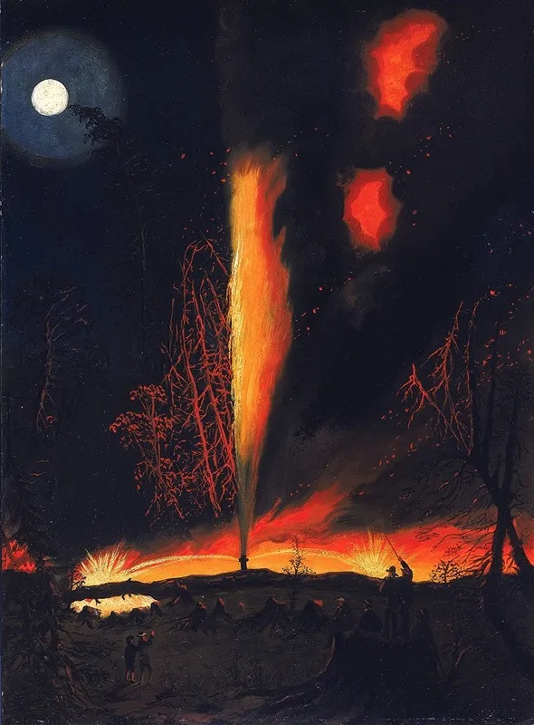 Burning Oil Well At Night Near Rouseville Pennsylvania Wall Art by James Hamilton - High-Resolution Digital Print