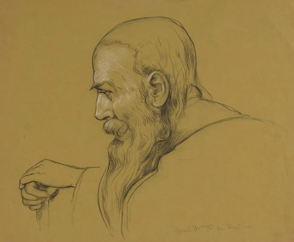 Bust Of A Long Bearded Old Man Leaning On A Stick With His Two Hands Wall Art by Hans Thoma - High-Resolution Digital Print