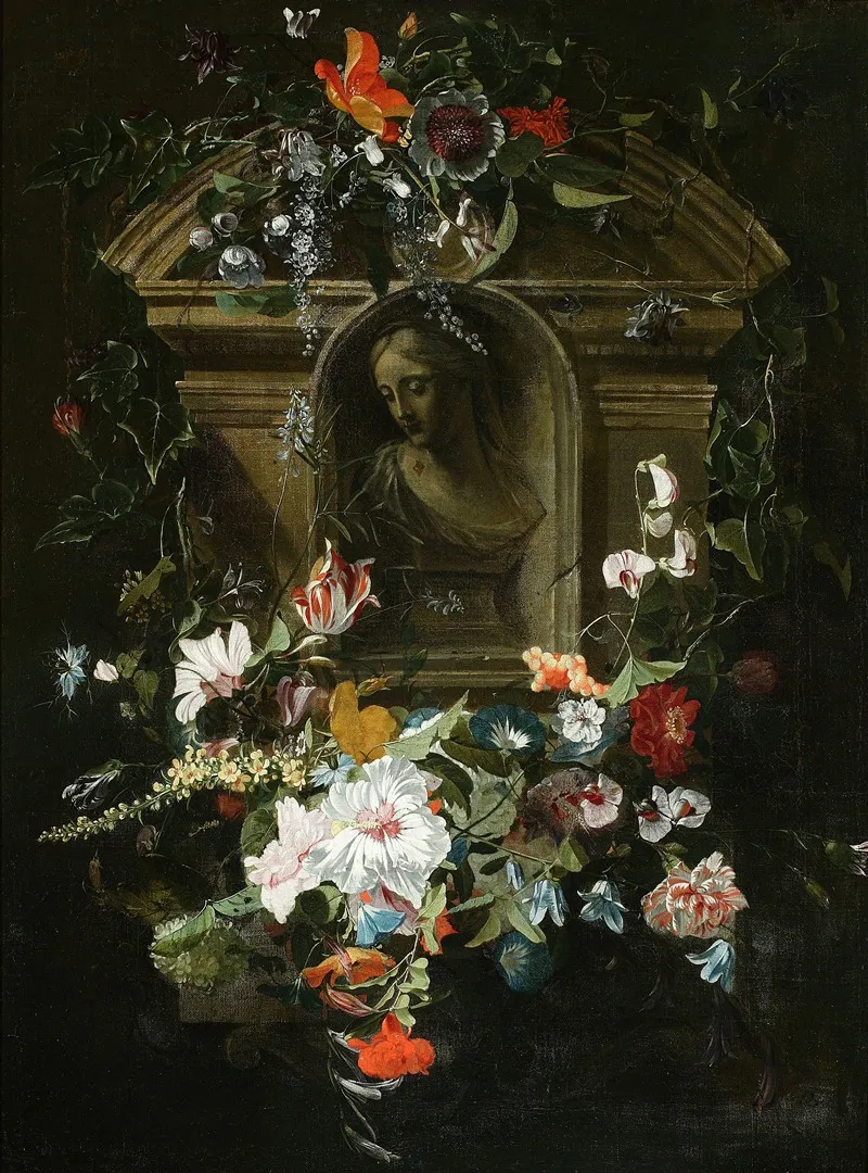 Bust Of A Woman In A Circle Of Flowers Wall Art by Daniel Seghers - High-Resolution Digital Print