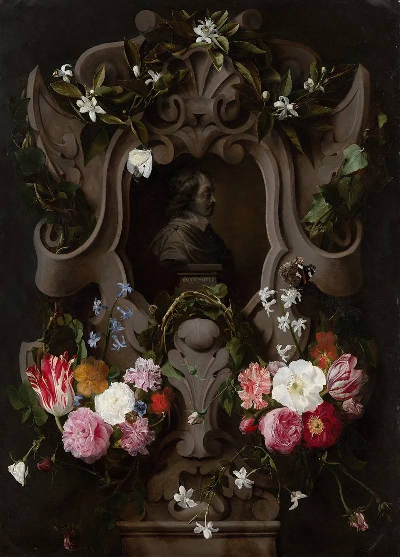 Bust Of Constantijn Huygens Surrounded By A Garland Of Flowers Wall Art by Daniel Seghers - High-Resolution Digital Print