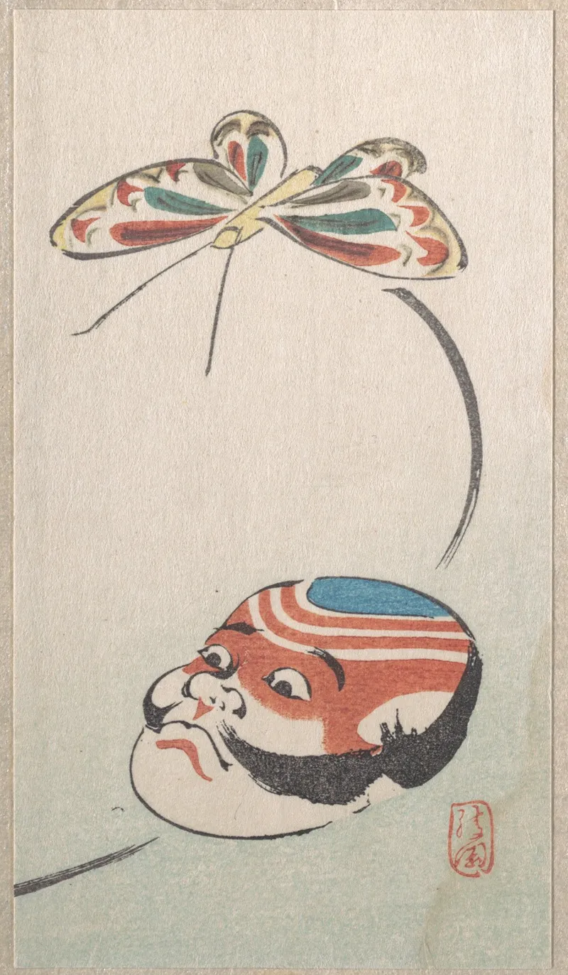 Butterfly And Mask Of Yakko The Footman Of A Samurai Wall Art by Ayaoka - High-Resolution Digital Print