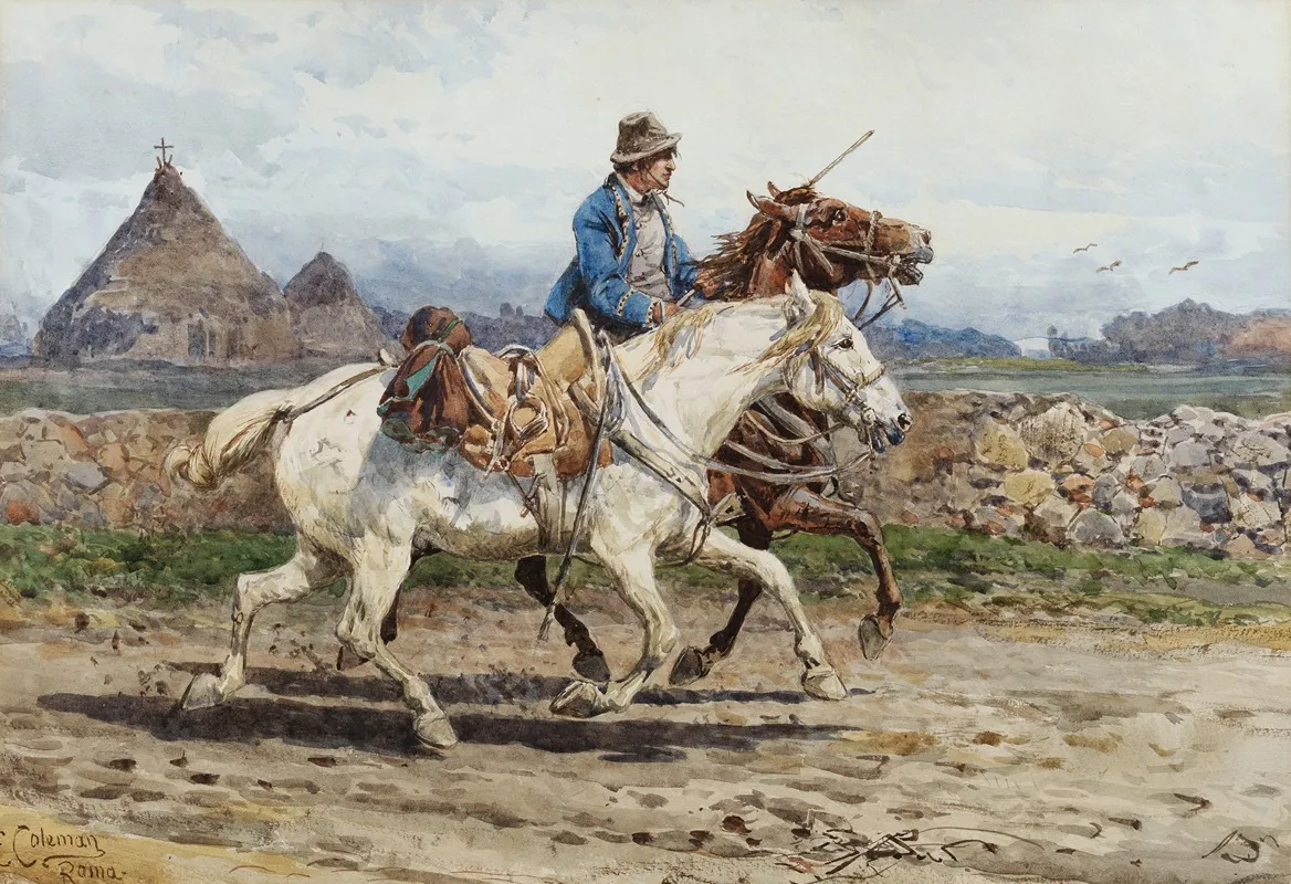 Buttero Riding In The Roman Campagna Wall Art by Henry Enrico Coleman - High-Resolution Digital Print