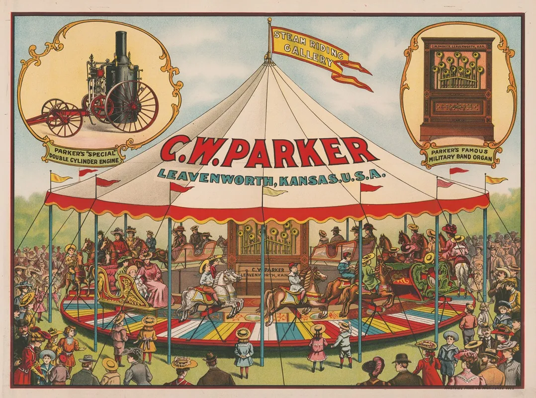 C W Parker Steam Riding Gallery Special Double Cylinder Engine Military Band Organ Wall Art by Riverside Printing Co. - High-Resolution Digital Print