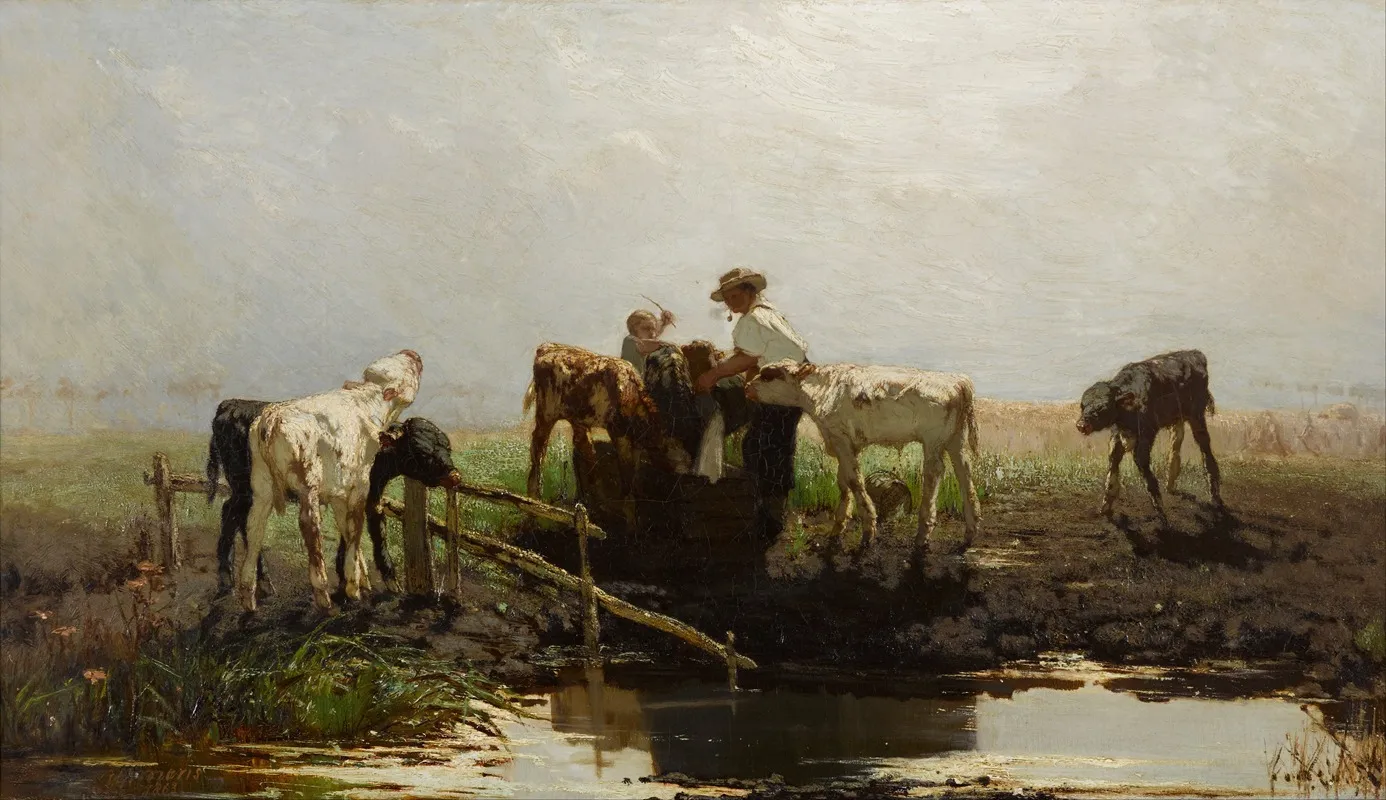 Calves At A Trough Wall Art by Willem Maris - High-Resolution Digital Print