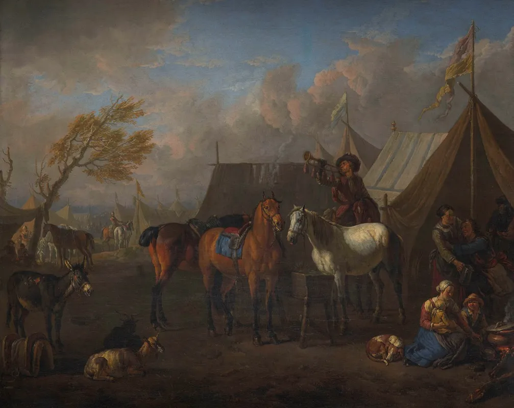 Camp Scene With A Trumpeter Wall Art by Pieter van Bloemen - High-Resolution Digital Print