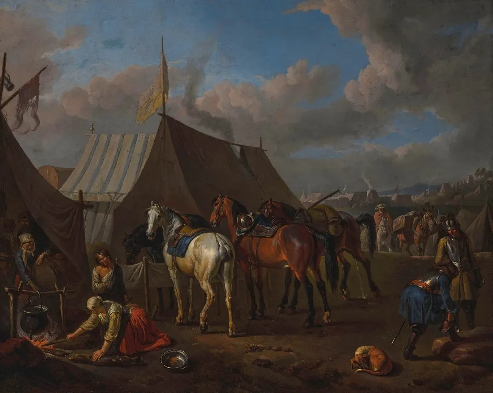 Camp Scene With A Woman At The Bonfire To The Left Wall Art by Pieter van Bloemen - High-Resolution Digital Print