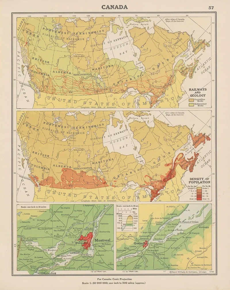 Canada Railways And Geology Density Of Population Wall Art by John Paul Goode - High-Resolution Digital Print