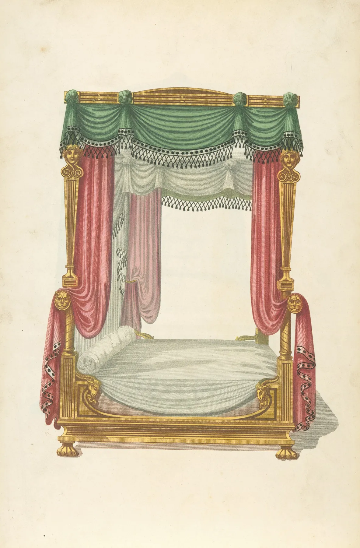 Canopy Bed With Green And Red Drapery Wall Art by Thomas Sheraton - High-Resolution Digital Print