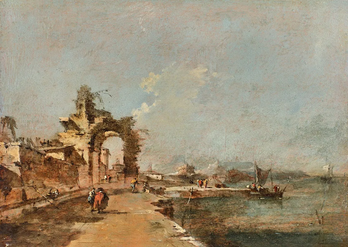 Capriccio Of A Lagoon With Figures And A Ruined Arch Beyond Wall Art by Francesco Guardi - High-Resolution Digital Print
