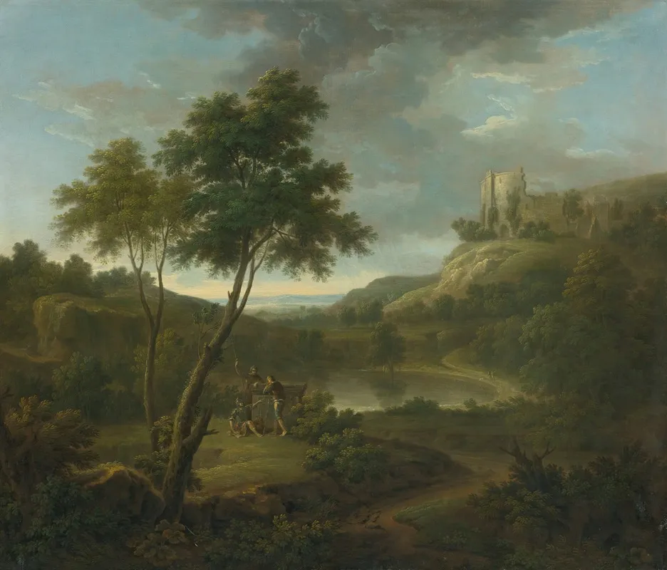 Capriccio With A Classical Sarcophogus And Possibly Beeston Castle Chesire Wall Art by George Lambert - High-Resolution Digital Print