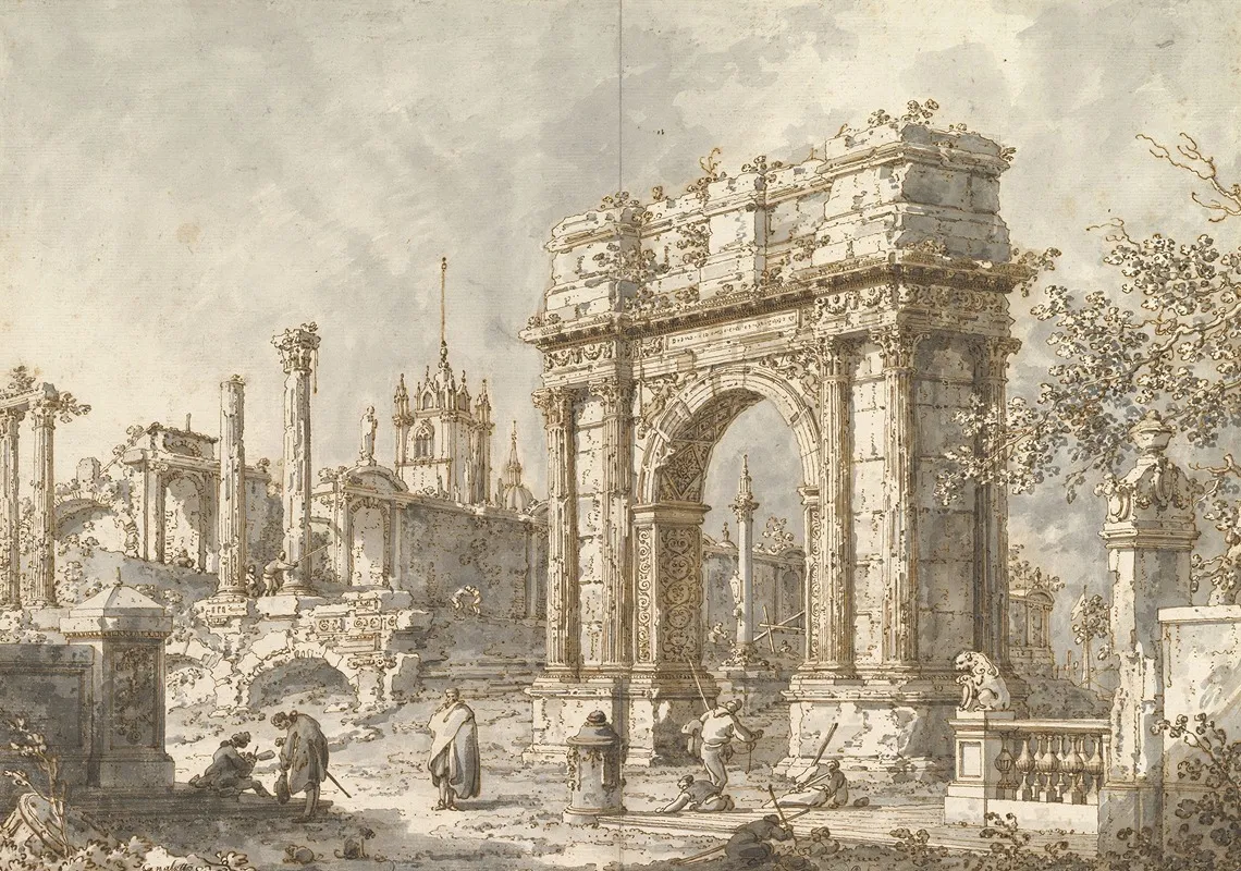 Capriccio With A Roman Triumphal Arch Wall Art by Canaletto - High-Resolution Digital Print