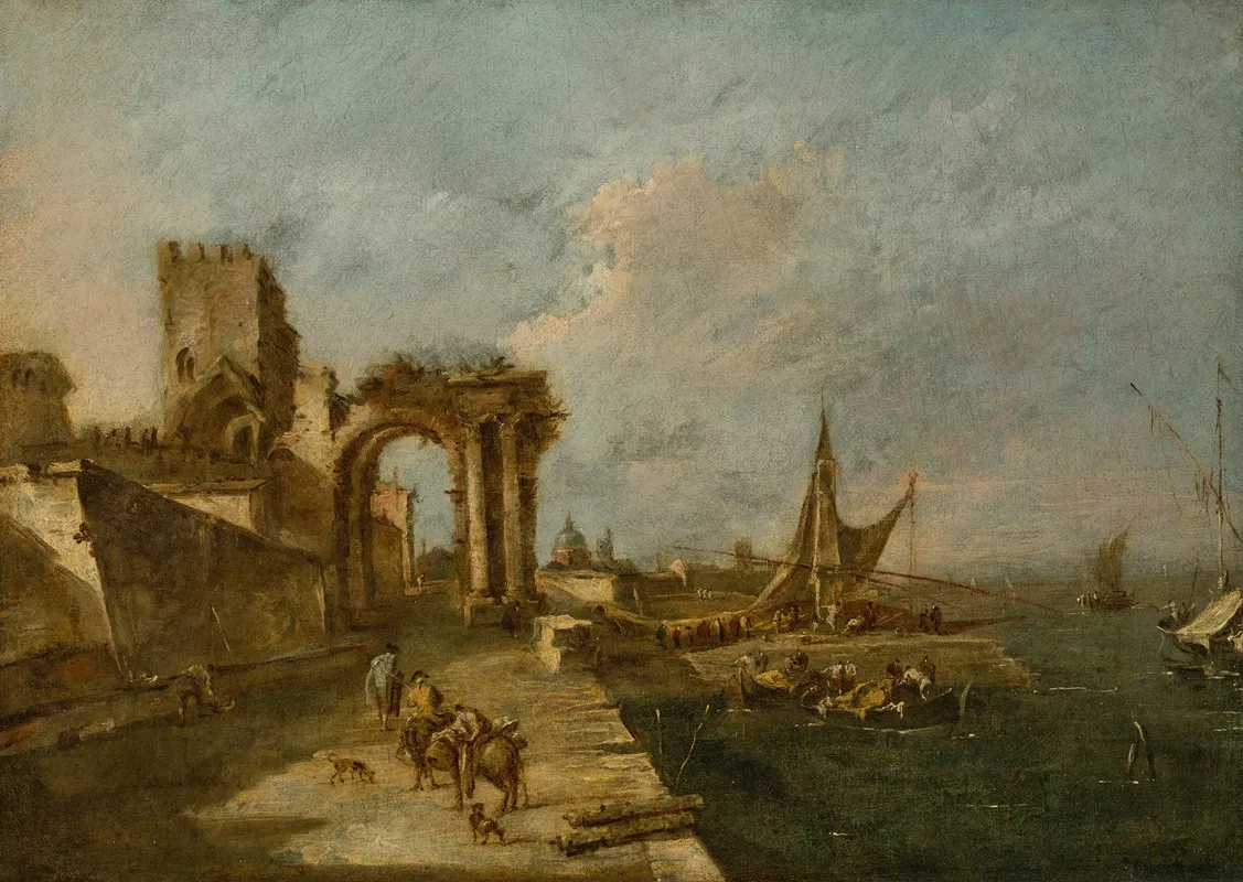Capriccio With A Ruined Arch A Tower Beyond And A Seaport With Boats And Small Vessels A Domed Church In The Distance Wall Art by Francesco Guardi - High-Resolution Digital Print