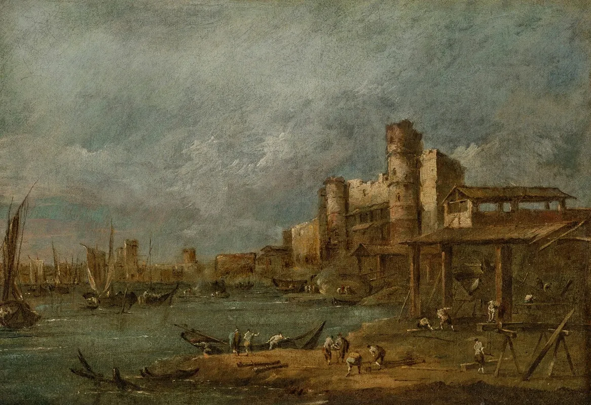 Capriccio With An Arsenal Several Shipwrights At Work In A Boatyard Boats And A Town With Towers Beyond Wall Art by Francesco Guardi - High-Resolution Digital Print