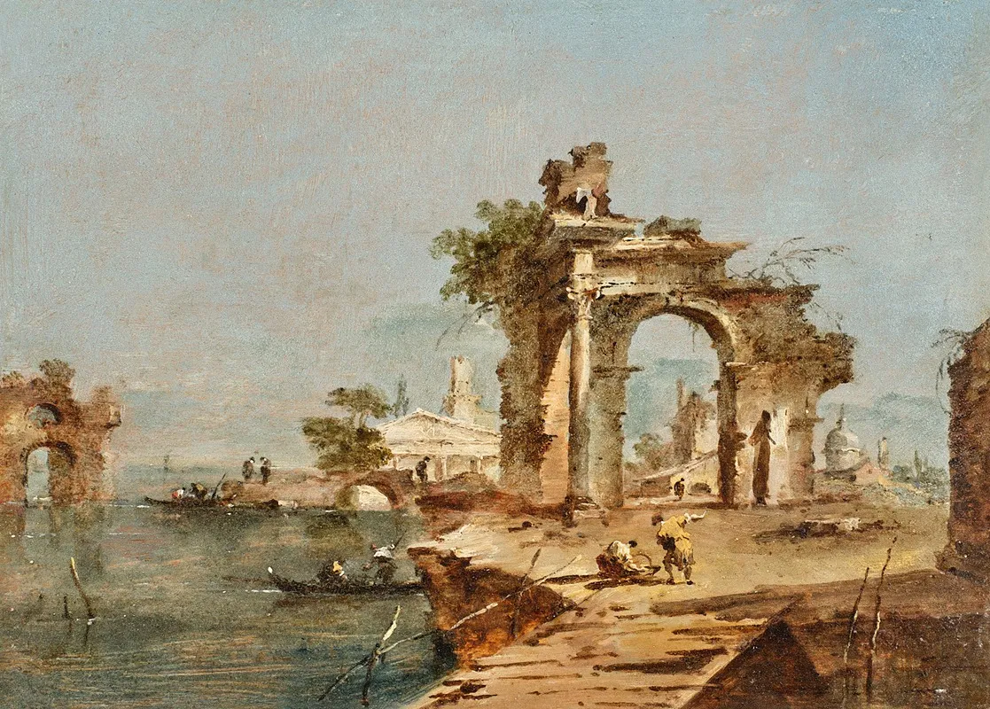 Capriccio With Figures By A Lagoon A Ruined Arch And A Temple Beyond Wall Art by Francesco Guardi - High-Resolution Digital Print